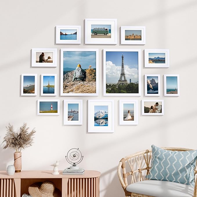 Vittanly Picture Frames Set of 16, Gallery Wall Frame Set with 2Pcs 11x14, 2Pcs 8x10, 6Pcs 5x7 and 6Pcs 4x6 Photo Frames, Picture Frames Collage Wall Decor for Wall or Tabletop Display, White