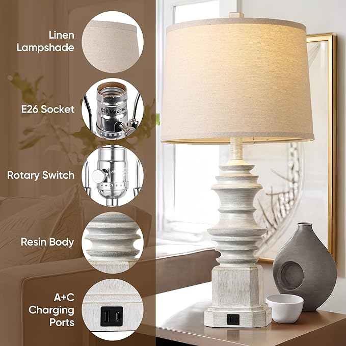 QiMH Table Lamps for Nightstand Set of 2, Bedside Lamp with USB A+C Charging Ports, Farmhouse Table Lamp with Linen Lampshade, Lamps for Living Room, Bedroom Lamps with LED Bulbs, Grey
