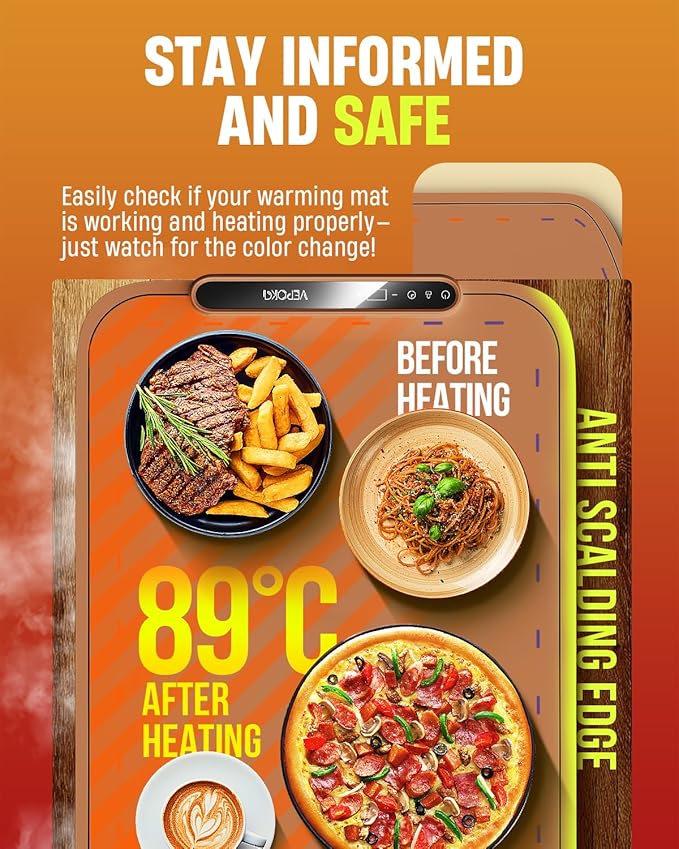 Warming Mat for Food, VEPOKA Food Warmer Mat for Countertop, Electric Warming Tray with 7 Temp Levels & Auto Shut-Off, Food Warmers for Parties, Ideal Gift for Kitchen & Buffet Use