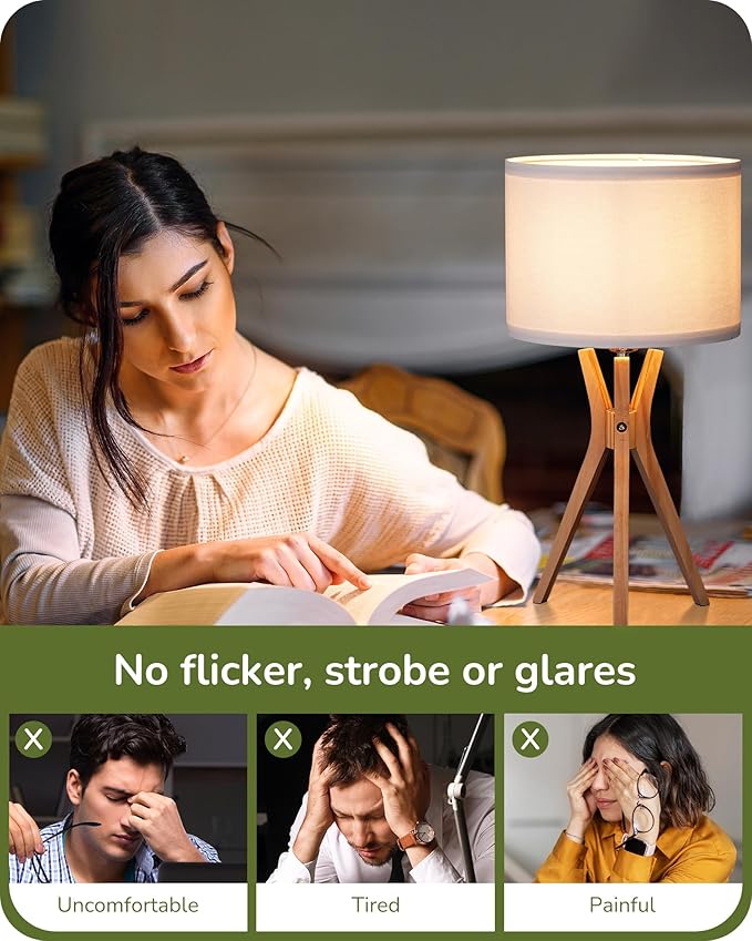 EDISHINE Modern Tripod Table Lamp, 17.5" Bedside Lamp with Natural Wood Light Legs & White Linen Lampshade, Nightstand Lamp for Bedroom, Living Room, Reading Room, E26 Base