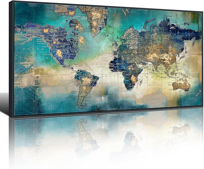 Pogusmavi World Map Canvas Art - Abstract Wall Art for Office & Living Room, Green, 30x60 Black Framed