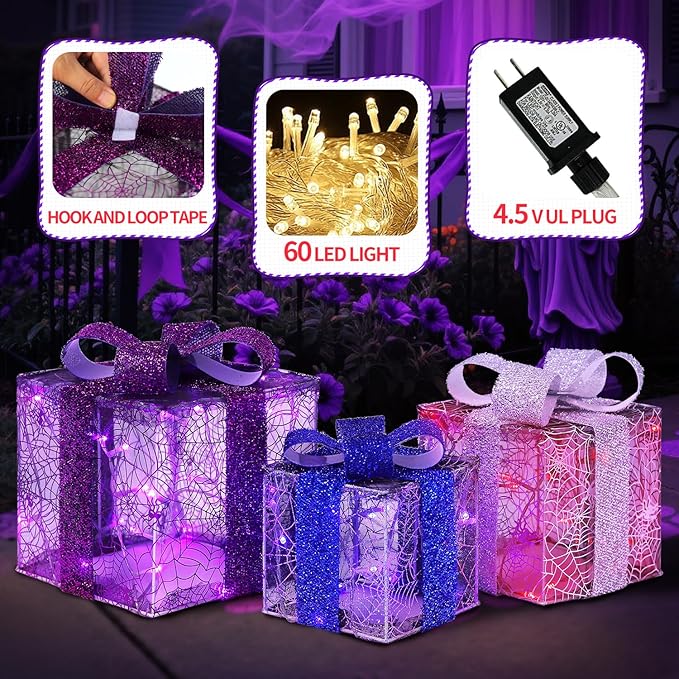 DomKom Plug-in Set of 3 Halloween Lighted Gift Boxes Decorations with 60 LEDs Metal Frame Halloween Present Boxes Decor for Holiday Home Indoor Garden Party Favors