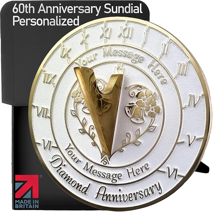 Metal Foundry Personalized Diamond 60th Sundial - Heavy Duty Recycled Brass Home Decor, Garden Present Made in The UK for Parents, Grandparents, Friends, Couples 60 Years Marriage