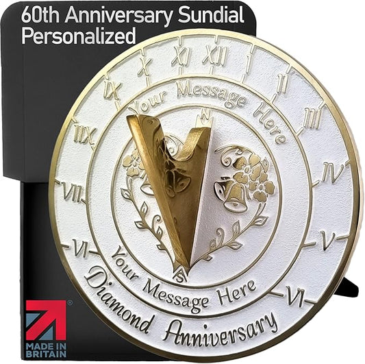 Metal Foundry Personalized Diamond 60th Sundial - Heavy Duty Recycled Brass Home Decor, Garden Present Made in The UK for Parents, Grandparents, Friends, Couples 60 Years Marriage