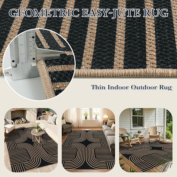 Lahome Modern Geometric Outdoor Easy Jute Rug, 5x7 Patio Living Room Rug Large Black Carpet for Bedroom, Farmhouse Washable Indoor Outdoor Carpet for Dining Room Backyard Deck