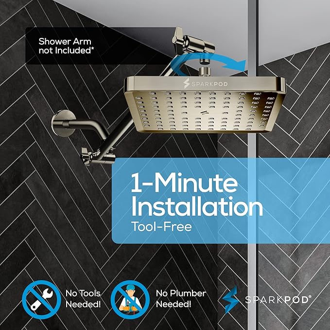 SparkPod Shower Head - High Pressure Rain - Premium Quality Luxury Design - 1-Min Install - Easy Clean Adjustable Replacement for Your Bathroom Shower Heads (Elegant Brushed Nickel, 8 Inch Square)