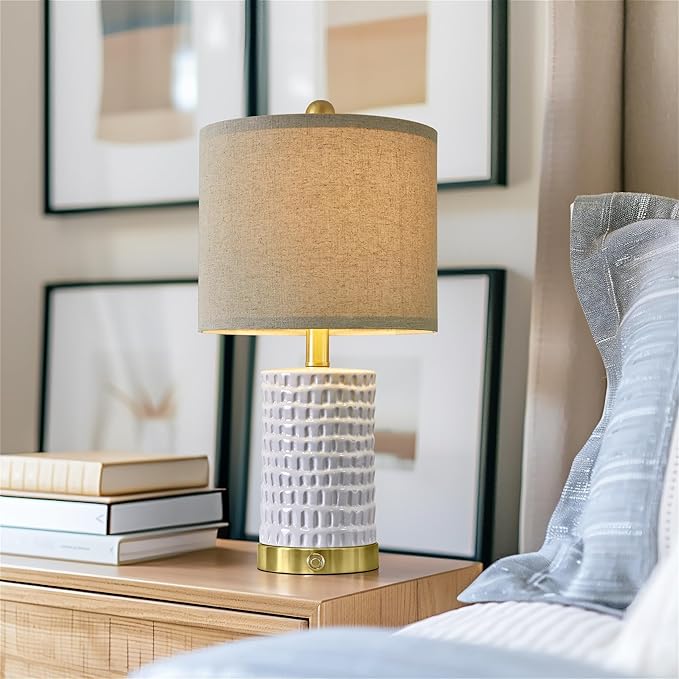 PORTRES 19" Farmhouse 3-Way Dimmable Touch Ceramic Table Lamp Set of 2 White Bedside Lamps for Bedroom Lamps for Living Room Nightstand Lamp End Table lamps with USB A+C Charging Ports(Bulbs Included)