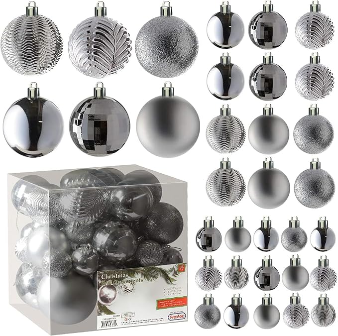 Prextex 36pc Shatterproof Silver Christmas Balls Ornament Set - Festive Christmas Tree Ornaments in 3 Different Sizes and 6 Styles - Holiday Decoration with Hanging Loops for Tree, Wreath, Party Decor