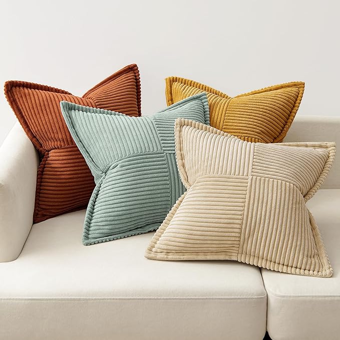 MIULEE Fall Teal-Orange Decorative Throw Pillow Covers 18x18 Inch 4 Packs Soft Boho Farmhouse Pillow Cases Modern Corduroy Patchwork Cushion Covers for Couch Sofa Bed with Flange Edge Home Decor