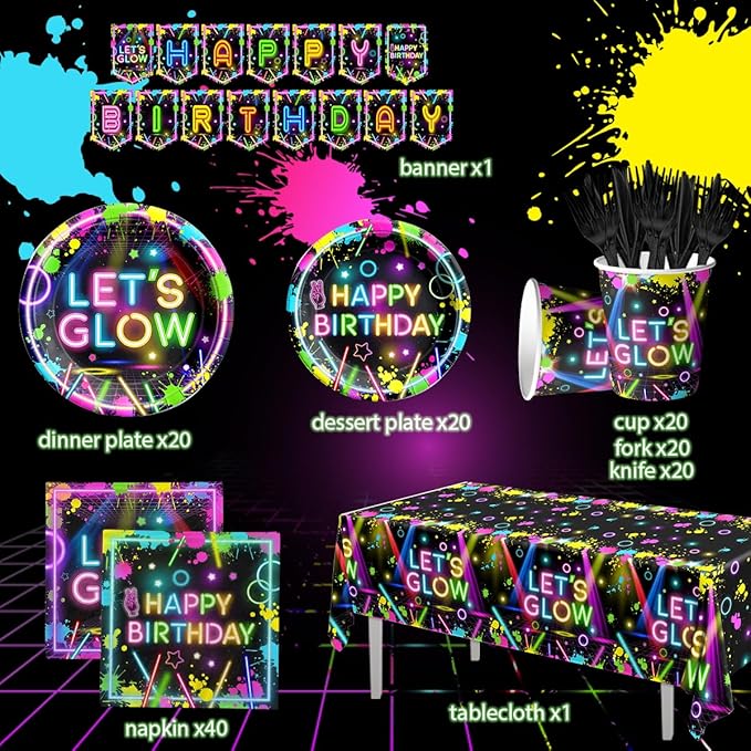 Neon Party Supplies,142Pcs Let Glow Party Decorations Including Disposable Paper Plates,Cups,Tablecloths, Glow in the Dark Theme Decoration for Birthday Baby Shower Party