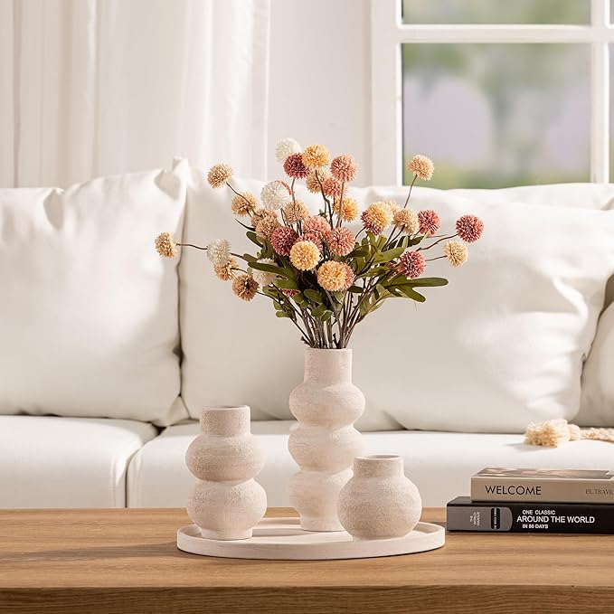 Ceramic Vase Home Table Decor - White Flower Vase Set of 3 Living Room Kitchen Decorations Farmhouse Modern Rustic Vases Decorative Centerpiece for Shelf Bedroom Office Bathroom Dining Coffee Desk