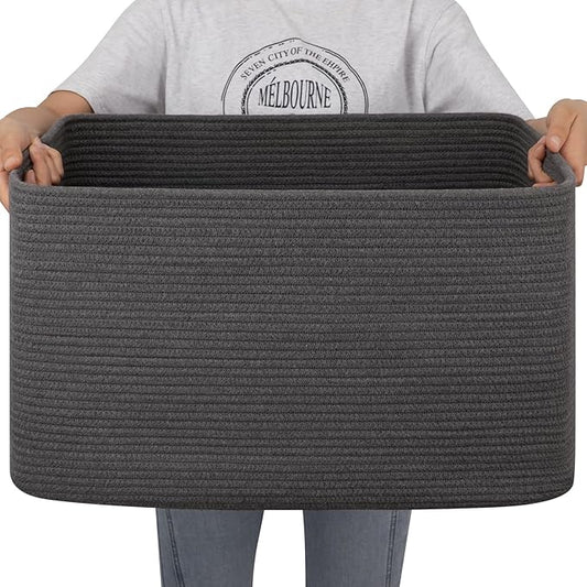 OIAHOMY Large Blanket Basket,Storage Basket with Handle, Blanket Basket for Living Room, Rectangle Woven Cotton Rope Basket for Bedroom, Toy Baskets Organizer Bins, 22" x 17" x 12" in, Dark Grey