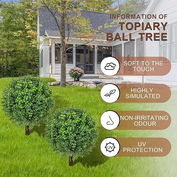 22" Artificial Boxwood Topiary Ball Trees with Ground Spike Set of 2 - UV Resistant Faux Green Shrubs & Bushes Potted Plants for Outdoor Indoor Front Porch Garden