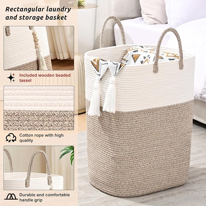 Woven Laundry Basket for Clothes, 65L Large Rectangle Laundry Hampers with Beads Tassel, Nursery Storage Basket for Toys, Tall Dirty Clothes Hamper for Bedroom Aesthetic, Laundry Room Organization
