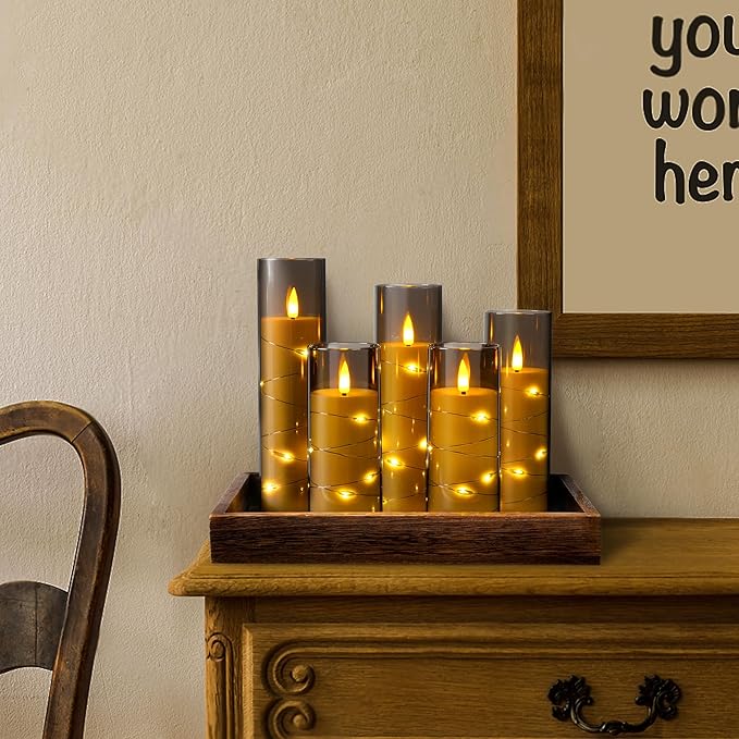 Flameless Candle Light, Battery Candle with recessed String Light, 5 flameless Candles with 11-Key Remote Control, 24-Hour Timer Function, Dancing Flame, (no Battery)