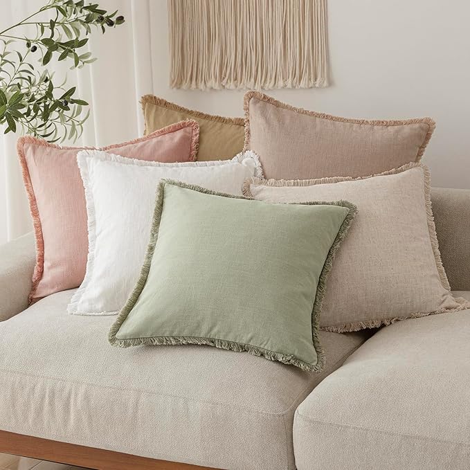 Foindtower Set of 2 Decorative Linen Fringe Throw Pillow Covers Boho Farmhouse Cushion Cover with Tassels Soft Accent Pillowcase for Couch Sofa Bed Living Room Home Decor,16×16 Inch,Light Sage Green