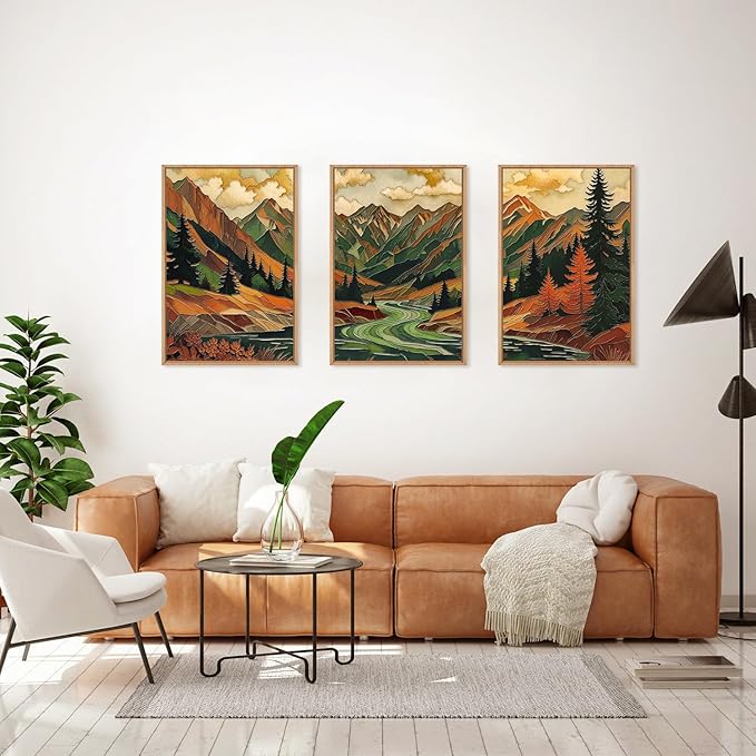 HPINUB Abstract Boho Mountain Framed Canvas Wall Art Set,Vibrant Forest Pine Tree Wall Decor,Textured Landscape Artwork Rustic Linear Scenery Art Print for Living Room,Bedroom,Office-16 x24 x3