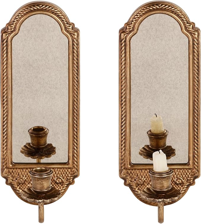 SOFFEE DESIGN Vintage Gold Wall-Mounted Candle Sconce with Mirror - Floral Base & 3D Woven Texture for Bathroom, Dining Room, Entryway