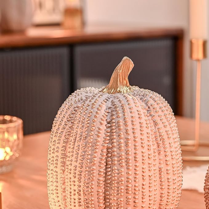 Fall Pumpkin Decor, Resin Pumpkin Figurine Set of 2, Decorative Fake Pumpkin for Decorating, Light Gray and Gold Glitter Pumpkins with Dots for Home Table Centerpiece, Wedding, Thanksgiving
