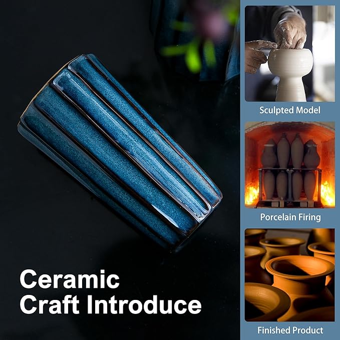 Blue Ceramic Vases - 3 Small Ribbed Vase for Flowers, Modern Minimalist Home Decor, Decorative Pottery Glazed Vase for Bookshelf, Fireplaces and Entryway Decor, Centerpieces for Dining Table