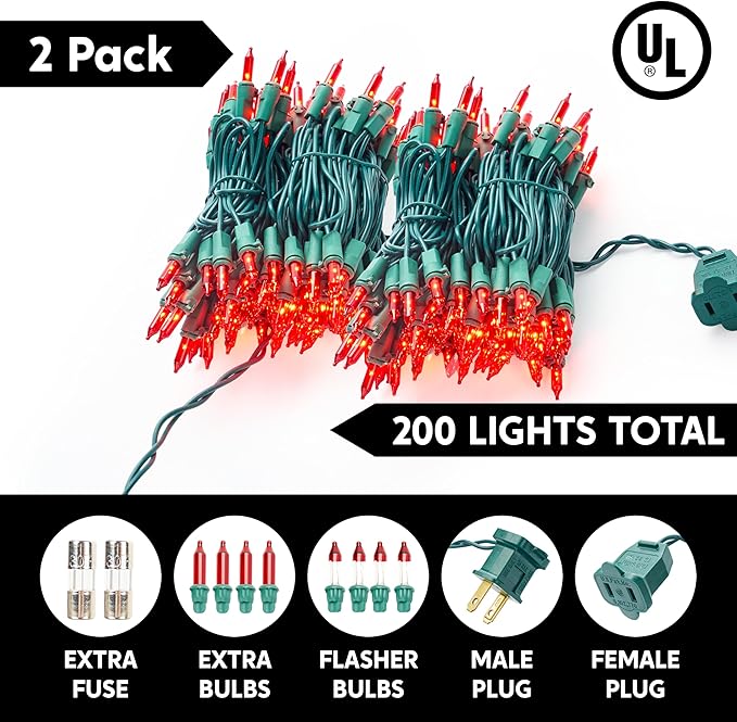 Joiedomi Red Christmas Lights Outdoor,42.8FT Christmas Tree Lights Outside,200(2x100) Count String Lights,Green Wire Xmas Lights for Decorations Indoor Holiday Theme Party Yard House