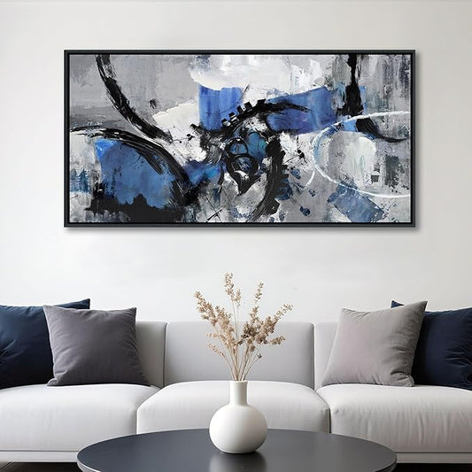 AJAZIKO Blue Abstract Canvas Wall Art: Wall Art for Living Room, Bedroom & Gray Office Decorations for Work, Framed Artwork - Modern Decor with Blue & Black Paintings Pictures Wall Decor 20×40IN