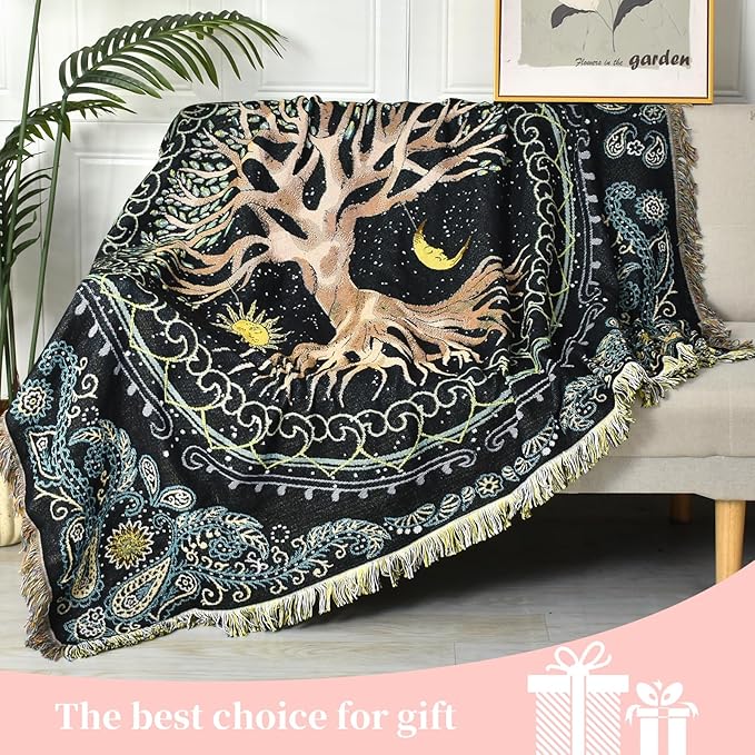 Boho Throw Blanket Reversible Cotton Bohemian Tapestry Hippie Room Decor Outdoor Blanket Double Sided (Boho Tree 50"x60")