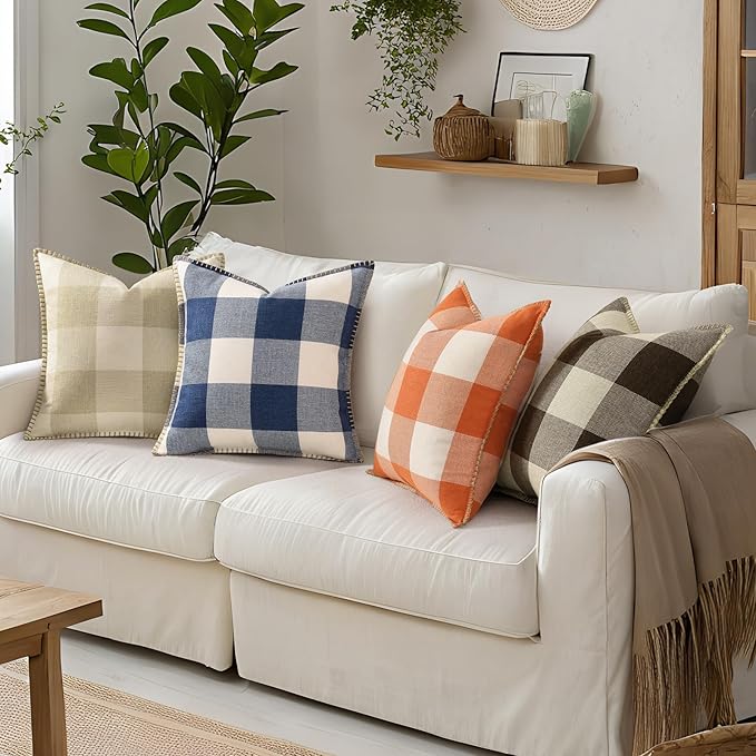 decorUhome Buffalo Plaid Check Throw Pillow Covers 16x16 Set of 2, Outdoor Linen Decorative Farmhouse Gingham Pillow Covers with Stitched Edge for Bed Couch Sofa, Navy Blue and White