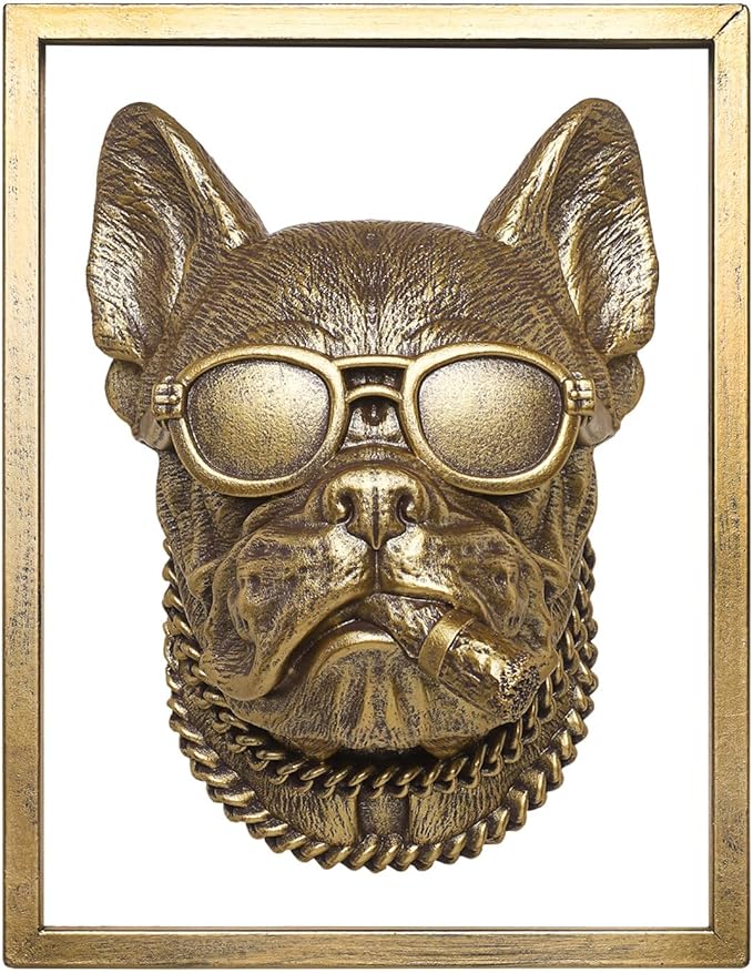 Animal Heads Wall Decor (Includes Metal Frame) Resin Animals Sculptures Head Wall Hanging Decoration Gold vintage Wall Sculpture for Living Room Bedroom Office(Cigar dog)