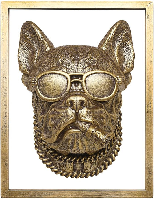 Animal Heads Wall Decor (Includes Metal Frame) Resin Animals Sculptures Head Wall Hanging Decoration Gold vintage Wall Sculpture for Living Room Bedroom Office(Cigar dog)