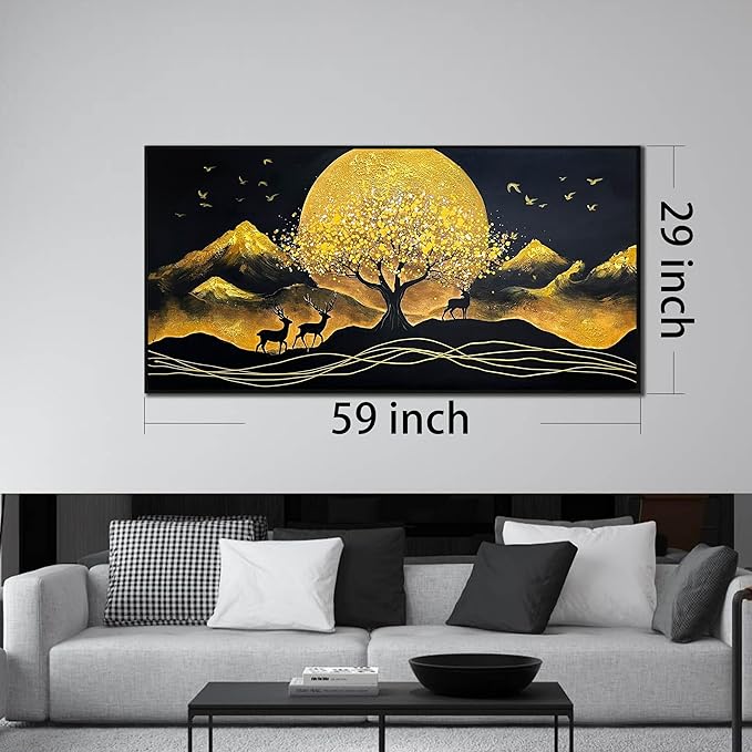 CIRABKY Moon Hand Painted Wall Art for Bedroom - Tree Black and Gold Canvas Wall Decor for Living Room Large Size - Black Frames Artwork Size 29" x 59"