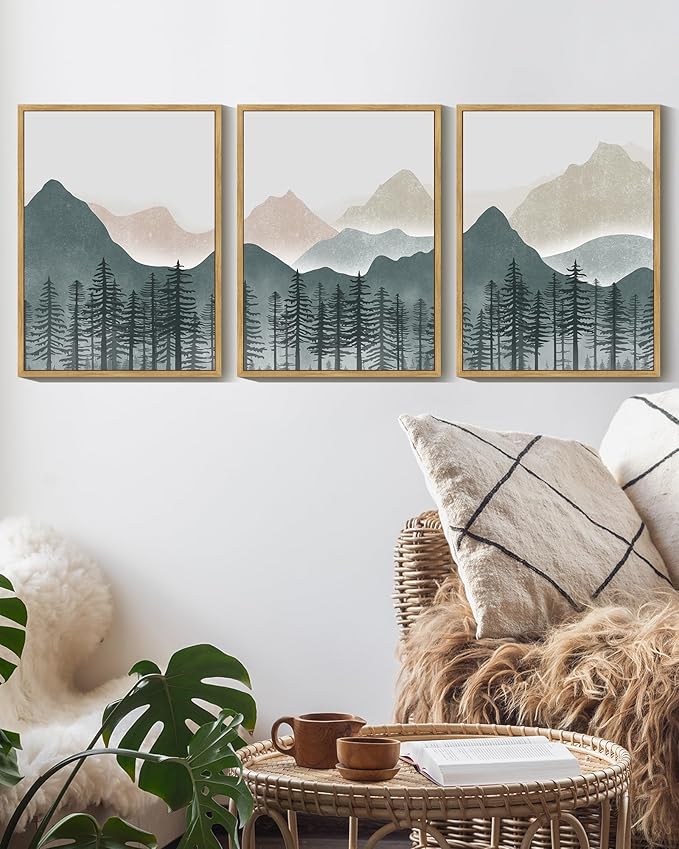 KUVIOKE Mountain Landscape Framed Wall Art Boho Nature Forest Paints Rustic Farmhouse Decor for Bedroom Dining Room Living Room 12x16in (Natural Framed)