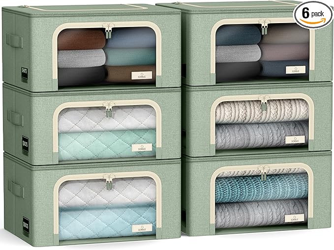Sorbus Storage Bins with Metal Frame - Stackable & Foldable Clothes Organizer Bags - Oxford Fabric Storage Containers with Large Clear Window & Carry Handles, Bedroom Organization for Bedding & Linen