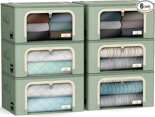 Sorbus Storage Bins with Metal Frame - Stackable & Foldable Clothes Organizer Bags - Oxford Fabric Storage Containers with Large Clear Window & Carry Handles, Bedroom Organization for Bedding & Linen