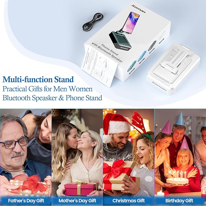 JTEMAN Portable Phone Stand with Speaker Bluetooth Wireless,Gifts for Men Women,Birthday for Women,Kitchen Gadgets for Men,Phone Holder for Desk - White