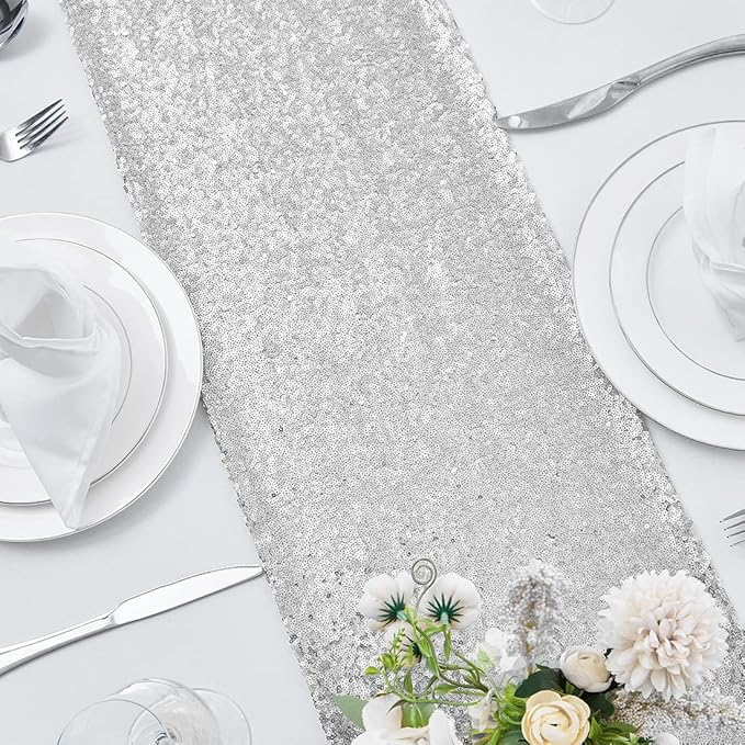 2 Packs 12 x 108 inches Silver Sequin Table Runner, Glitter Silver Table Runner for Wedding Birthday Bachelorette Holiday Party Supplies Decorations Bridal Shower Baby Shower