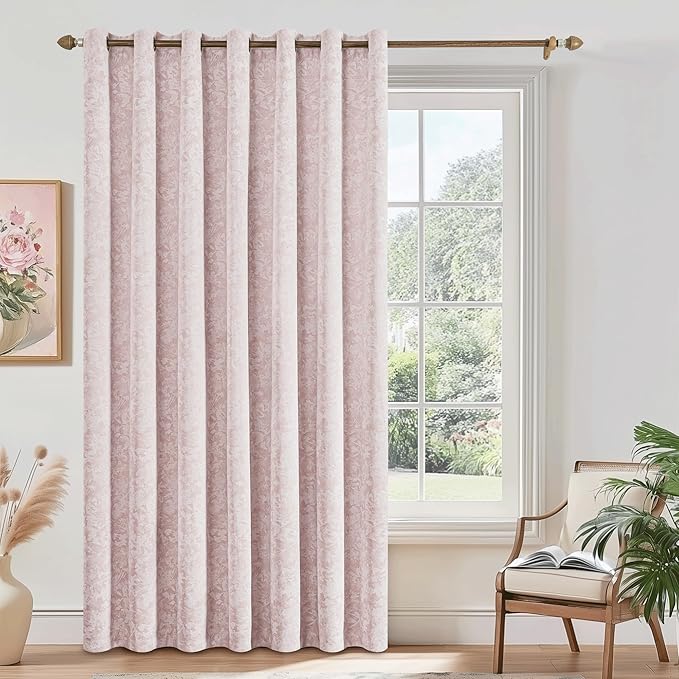 Beauoop Pink Floral Jacquard Blackout Curtains 84 Inches Long for Patio Sliding Door Extra Wide Chenille Flower Divider Room Darkening Thermal Soundproof Grommet Window Drapes, 100x84 Set of 1
