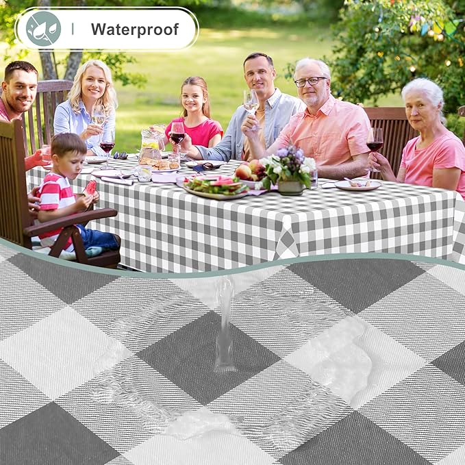 misaya Rectangle Waterproof Vinyl Table Cloth, Buffalo Flannel Backed Tablecloth, Wipeable Plastic Table Cover for Dinner, Kitchen, Outdoor (60" x 84", Grey and White)