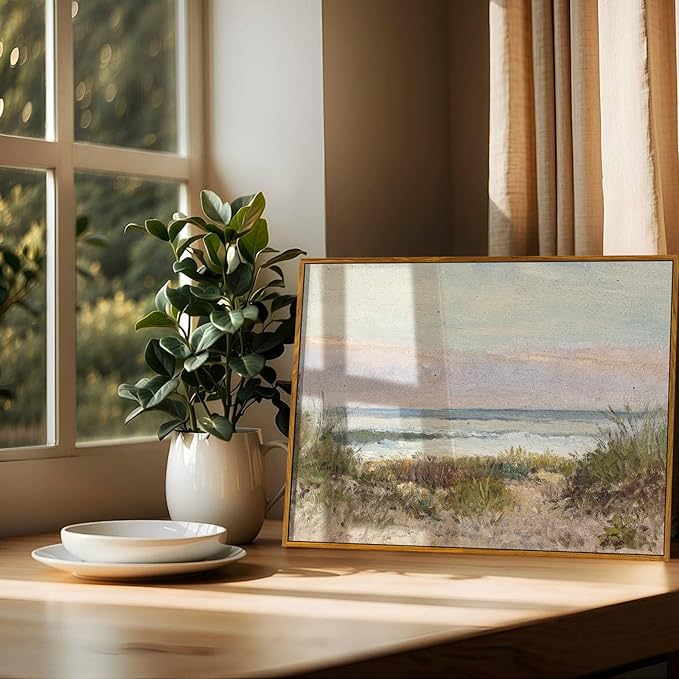 crmotu Beach Framed Wall Art, Coastal Landscape Canvas Prints, Ocean Wave Vintage Wall Decor, Nature Scenery Rustic Wall Paintings for Living Room Bedroom Bathroom Kitchen Decorations 16x24in