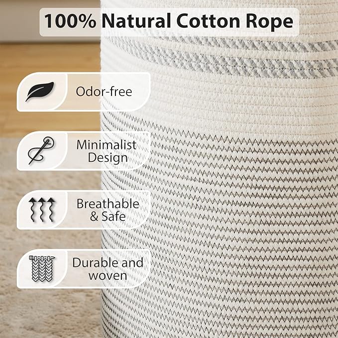 Fiona's magic 72L Large Woven Rope Laundry Hamper, Tall Laundry Basket Storage, Baby Nursery Hamper for Blankets, Toys and Clothes Hamper for Bedroom and Living Room Organizing, Jute, White