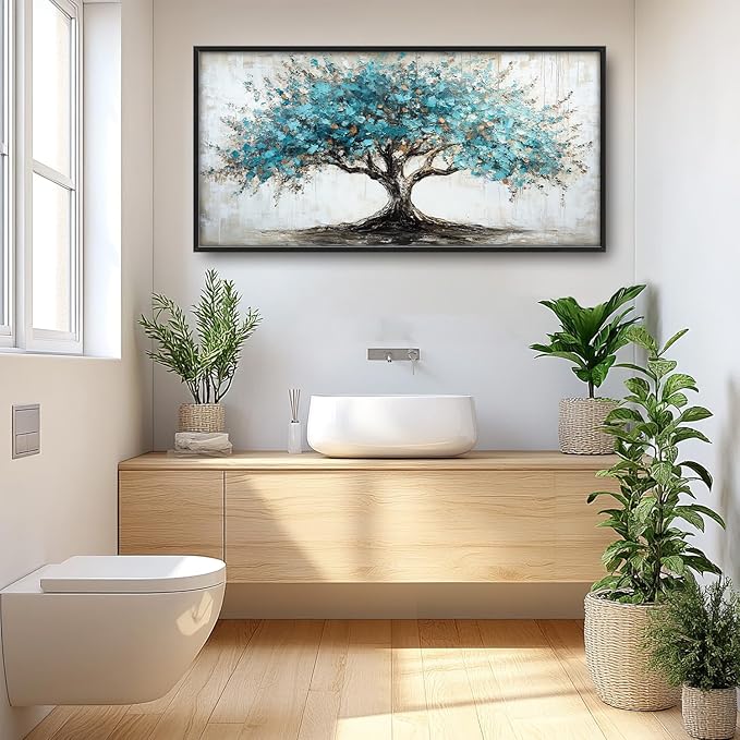 Flintis Large Tree of Life Framed Wall Art Teal Blue Tree Pictures Wall Decor Abstract Natural Landscape Canvas Painting Print Artworks Framed for Living Room Bathroom Master Bedroom 60L X 30W