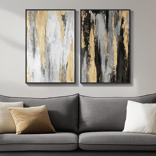 Framed Modern Abstract Wall Art Set of 2, Canvas Prints Paintings Artwork for Walls, Black White Grey Gold Pictures Wall Decor for Living Room, Dining Room, Bedroom, and Office 16x24 In