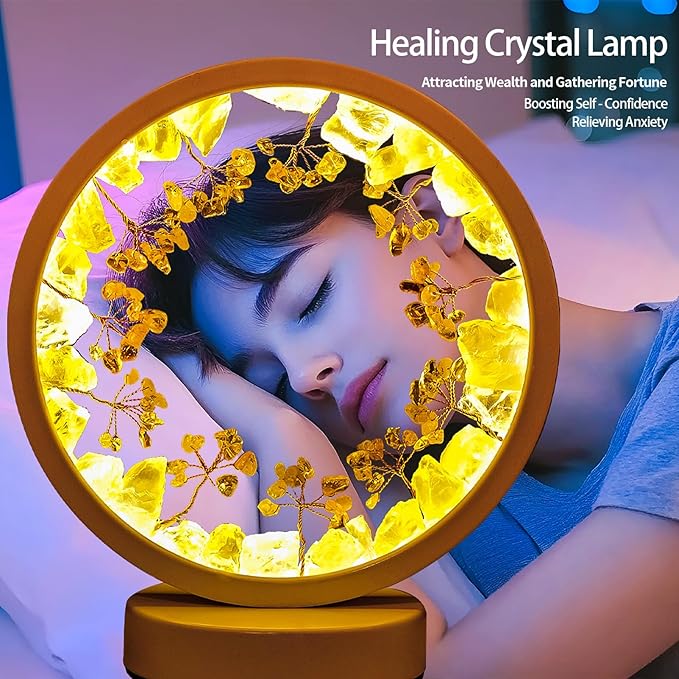 Runyangshi Natural Crystal Citrine Small Tree Round White Frame Tri-Color Ambient Light Home Decoration Night Light Healing Decor Gift