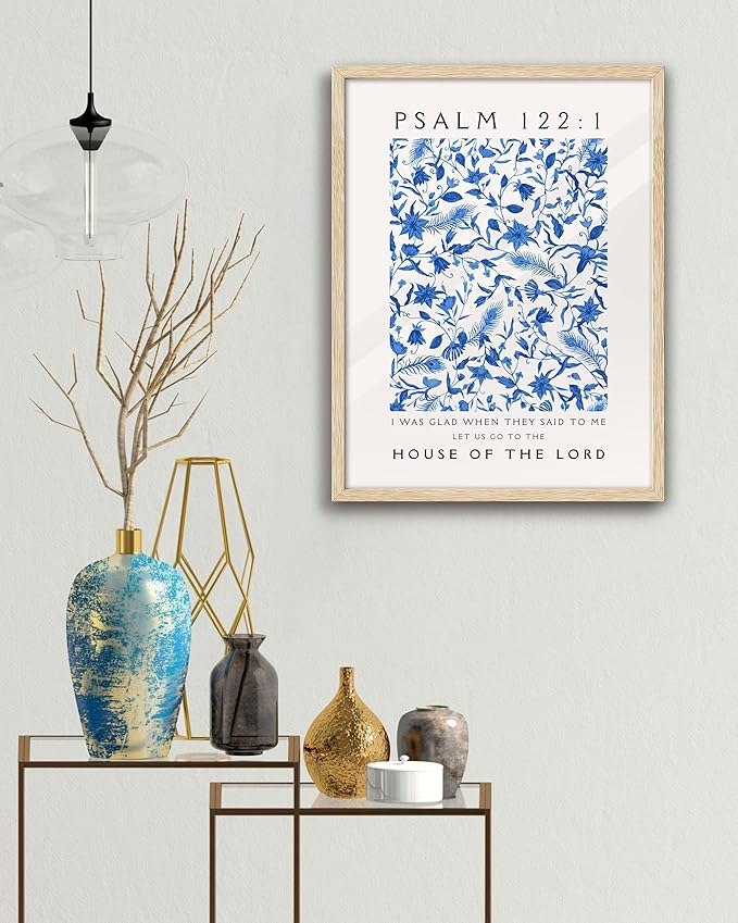 EcoHest OAK Wood Jesus Framed Wall Art, 12x16in Psalm 122:1 Bible Verse Christian Wall Art, Modern Blue Bedroom Decor For Living Room Bathroom Religious Gift 1Pack