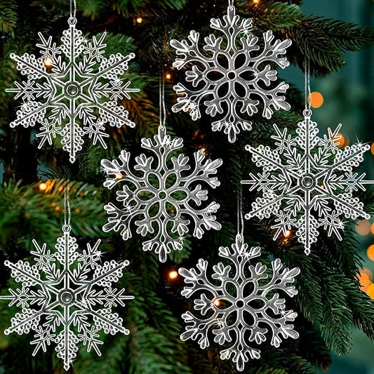 6pcs Large Clear Snowflakes Ornaments 12" Big Plastic Glitter Snowflake for Winter Indoor Outdoor Christmas Tree Window Room Decorations Giant Craft Snowflakes