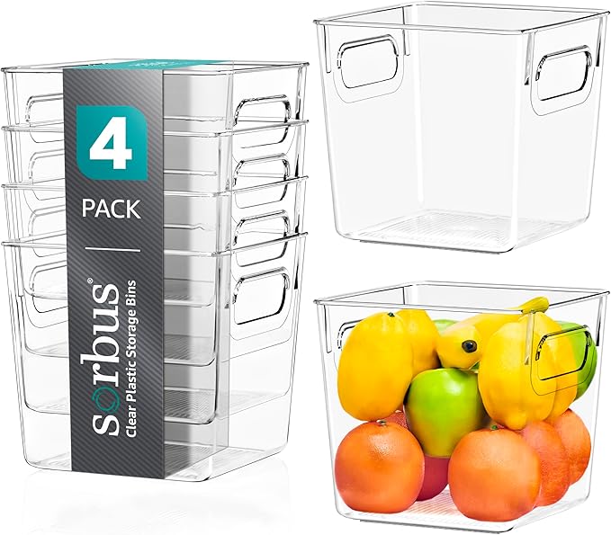 Sorbus Small Clear Plastic Storage Bins for Shelves, Clothes, with Handle - Clear Storage Bins, Drawer, Shelf, Closet, Pantry, Fridge, Freezer Organizer Bins, Closet Organizers and Storage (4 pack)