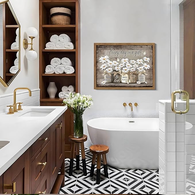 Rustic Bathroom Wall Art, Vintage Daisy Farmhouse Canvas Wall Decor Paintings, Flower Butterfly Inspirational Posters Prints Pictures Artwork for Bathroom Restroom 16x24 Inch Wood Framed