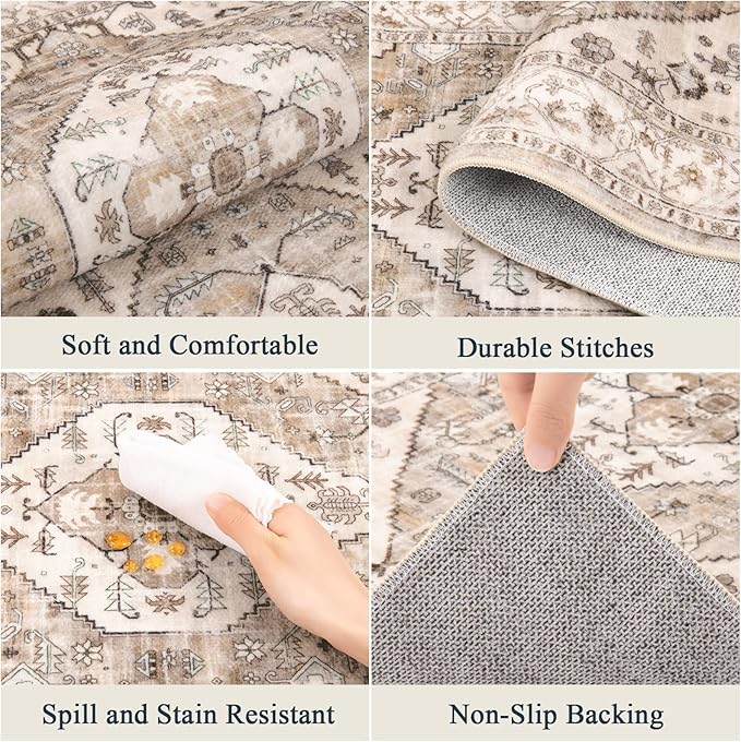 Pauwer Kitchen Mats for Floor 3 Piece Set Boho Non Slip Kitchen Rugs Washable Farmhouse Kitchen Floor Mats Thick Long Kitchen Throw Area Rug Carpet Runner for Hallway Laundry Bathroom, Brown Beige