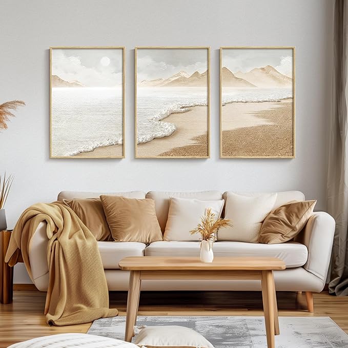 Framed Boho Abstract Beach Wall Art for Living Room, Large Neutral Coastal Canvas Prints Artwork for Walls, Set of 3 Piece Modern Minimalist Ocean Picture Print for Hallway Office Wall Decor, 24x36 In