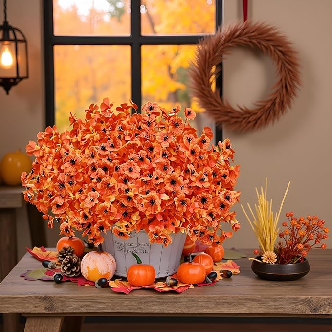 Artificial Mums Fall Flowers for Outdoors Indoor Garden Home Decoration, Faux Daisy with Eucalyptus Leaves Fake Plants Greenery for Porch Patio Hanging Planter, 12 Bundles